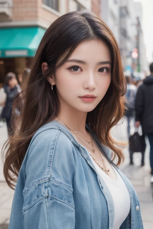 ((best quality, 8k, masterpiece:1.3)), focus: 1.2, perfect body beauty: 1.4, buttocks: 1.2, ((layered hairstyle, : 1.2)), (wet clothes: 1.1) , (rain, street:1.3), tube top dress: 1.1, Highly detailed facial and skin textures, exquisite eyes, double eyelids, skin whitening, long hair