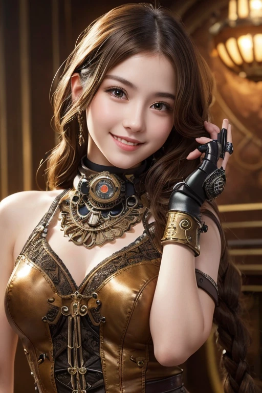 Woman portrait、Highest quality、Rear View、8k,Detailed face, clear, Fine skin、clear, Beautiful Eyes、whole body、Curly Hair、My hair was messed up by the wind、The beauty of a smile、(魅力ofな筋肉、expensive),(), Mature Woman,( Observe the audience),reality((Steampunk antique gold and brown corset、スチームパンク ータ fashion))of, High resolution, Soft Light,1 female, alone, Hip Up, Glowing Skin, (Detailed face), Sexy smile, Perfect Style, Perfect balance,Black Hair,Twin tails,Naughty look,((Playing the steampunk bass))、(Futuristic Steampunk Battleship Background)((Antique Gold Steampunk、Black Mini Skirt、fashion)),(Gold and light blue mecha, High-tech Mecha,Beautiful steampunk cyborg woman,Steampunk Mech Cyborg Girl),(Steampunk light blue、Black jacket)、(Steampunk Goggles,hair ornaments,Wrist cuff,Gemstone Helmet,High Leg,Steampunk dresses),((Playing the steampunk bass)),(Bokeh),(Futuristic Steampunk Battleship Background)、(Steampunk Goggles)、From the front at an oblique angle、(With a lovely smile)