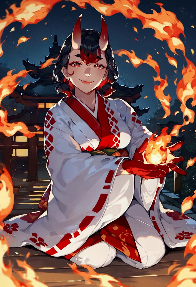 score_8, score_9, 1girl, red hair, black hair, medium hair, multicolored hair, mature woman, oni horns, red eyes, japanese clothes, fangs, smile, red hands, red feet, fire, japanese temple raining blood, night