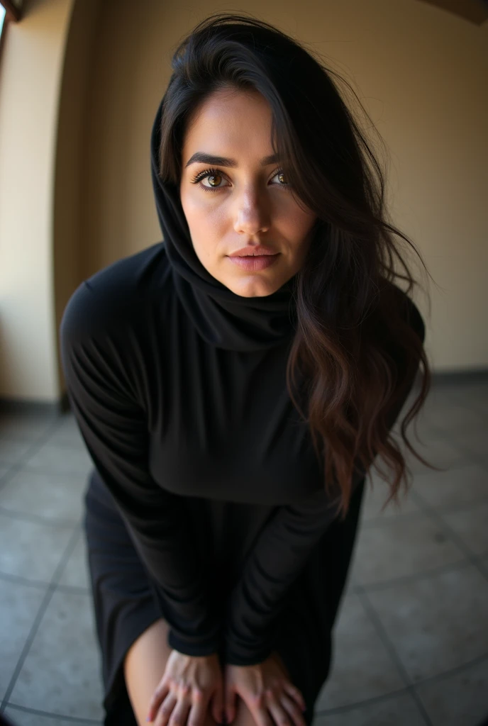 Aaliyah Alat, brunette, long straight hair, dark blue hijab, dark blue muslim clothes, tight clothes, fit body, expressive green eyes, neckline, close, above camera, tight dark blue clothes, exposed neckline, above view