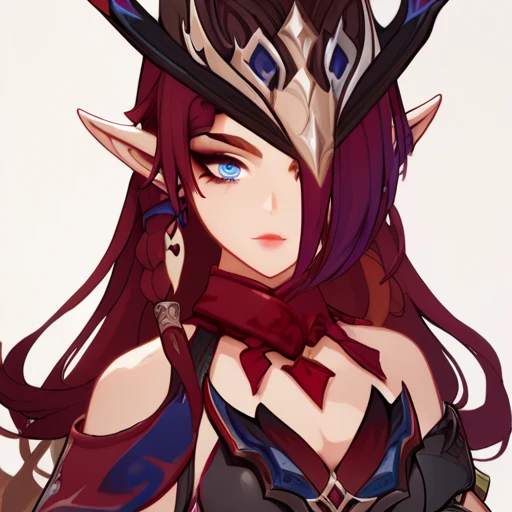 KJOchasca, red hair, blue eyes, pointy ears, hair over one eye, long hair, braid, complete white background, front, face and chest only, hairs going downwards