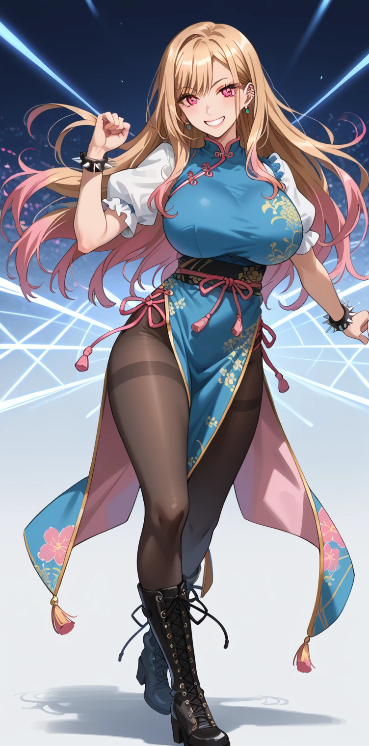 Tall girl, fit girl, KJOmarin, blonde hair, long hair, pink eyes, earrings, ear piercing, multicolored hair, score_9, score_8_up, score_7_up, source_anime, masterpiece,best quality, huge breasts, flashy gyaru,1girl, pantyhose, solo, jewelry, chinese_clothes, china_dress, bracelet, dress, spikes, boots, pelvic_curtain, spiked_bracelet, sash, black pantyhose, cross-laced_footwear, brown_hair, thighs, thick_thighs, lace-up_boots, white_footwear, fighting_stance, puffy_sleeves, smile, looking at viewer