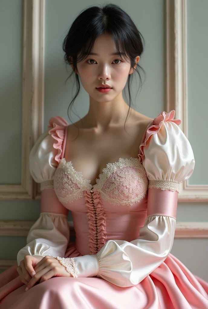 a close up of a woman in a pink corset dress, corset, elegant corset, very tight corset, wearing corset, pale milky white porcelain skin, sakimichan, hermosa mujer surcoreana, hermosa joven coreana, muchacha coreana, Ropa de pecho en V abierta, pale porcelain white skin, hermosa doncella, corsets, preciosa modelo china, ulzzang, tumblr
