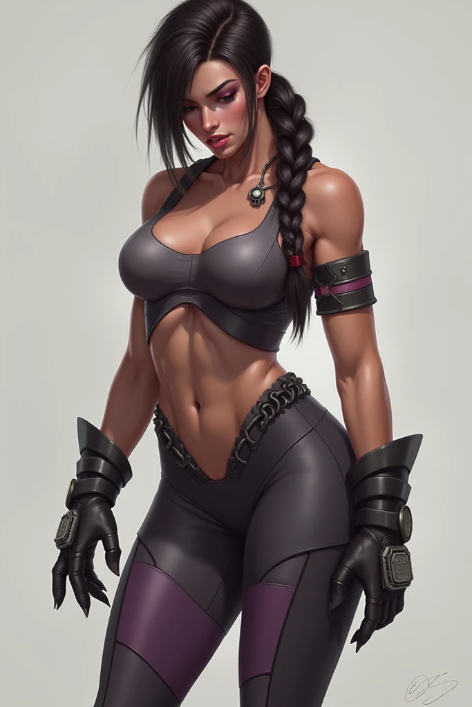 mulher de pele negra, cabelos ondulados pretos, CROPPED ROXO, black trousers, botas pretas, HOLDING A GUN IN YOUR HANDS, guerra, JOGO FREE FIRE GARENA, altamente detalhado