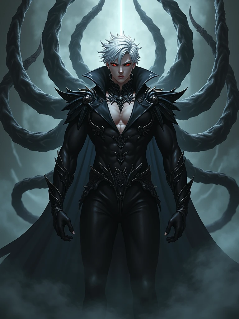  Anime male with red eyes and white hair in gothic costume， strong body，Big Muscle，fierce. 8 tentacles sticking out from behind him ，Surrounded by black fog，Horror atmosphere