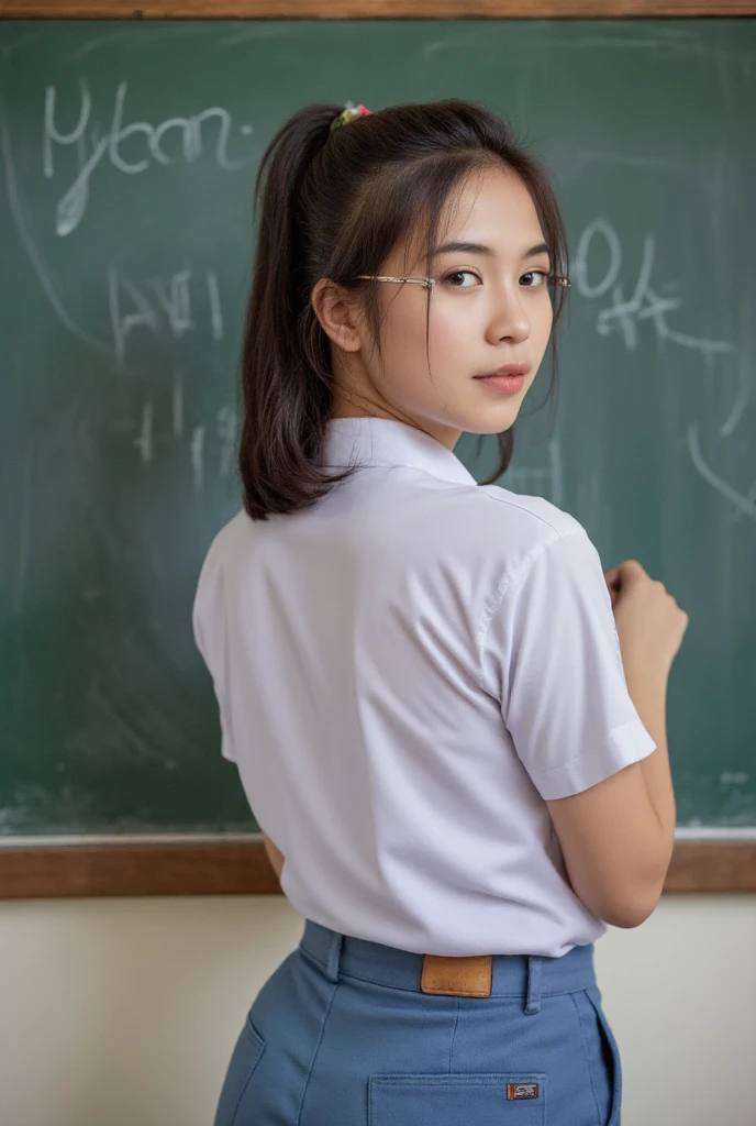 a beautiful Indonesian girl, wearing glasses, tied hair, a bit plump, writing "ryan edith" on chalkboard in front of classroom as background details. look back to the viewer, natural light realistic photography, wide angle shot, 4K, High resolution, detailed face skin, inticate clothing line, detailed clothing line,