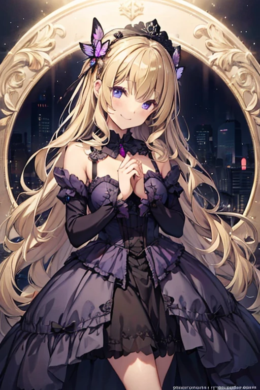  prompt : 8k resolution,  gentle face , , single, unique pupils,  has a smiling face ,  blonde alone,  princess cut ，Vertical Roll, Butterfly Hair Ornament, brooch, shiny dark purple dress,  ****ta Style ,  gothic, Hands clasped,  Towards Viewers 