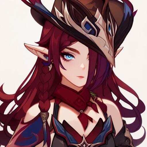 KJOchasca, red hair, blue eyes, pointy ears, hair over one eye, long hair, braid, complete white background, front, face and chest only, hairs going downwards, no curly hairs