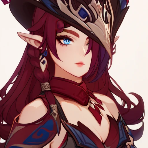 KJOchasca, red hair, blue eyes, pointy ears, hair over one eye, long hair, braid, complete white background, front, face and chest only, hairs going downwards, no curly hairs