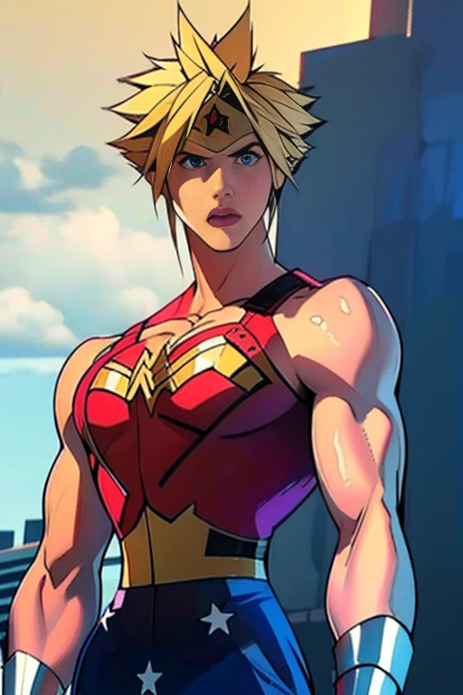 ( high definition), ( Best Quality ), ( high definition, ( Best Quality ), (Cloud Strife), (Overall view)  cool and handsome face    ,The beauty of Wonder Woman's costume, 18 years old,    toned and muscular  ,  cool and handsome face で  , SharpEye