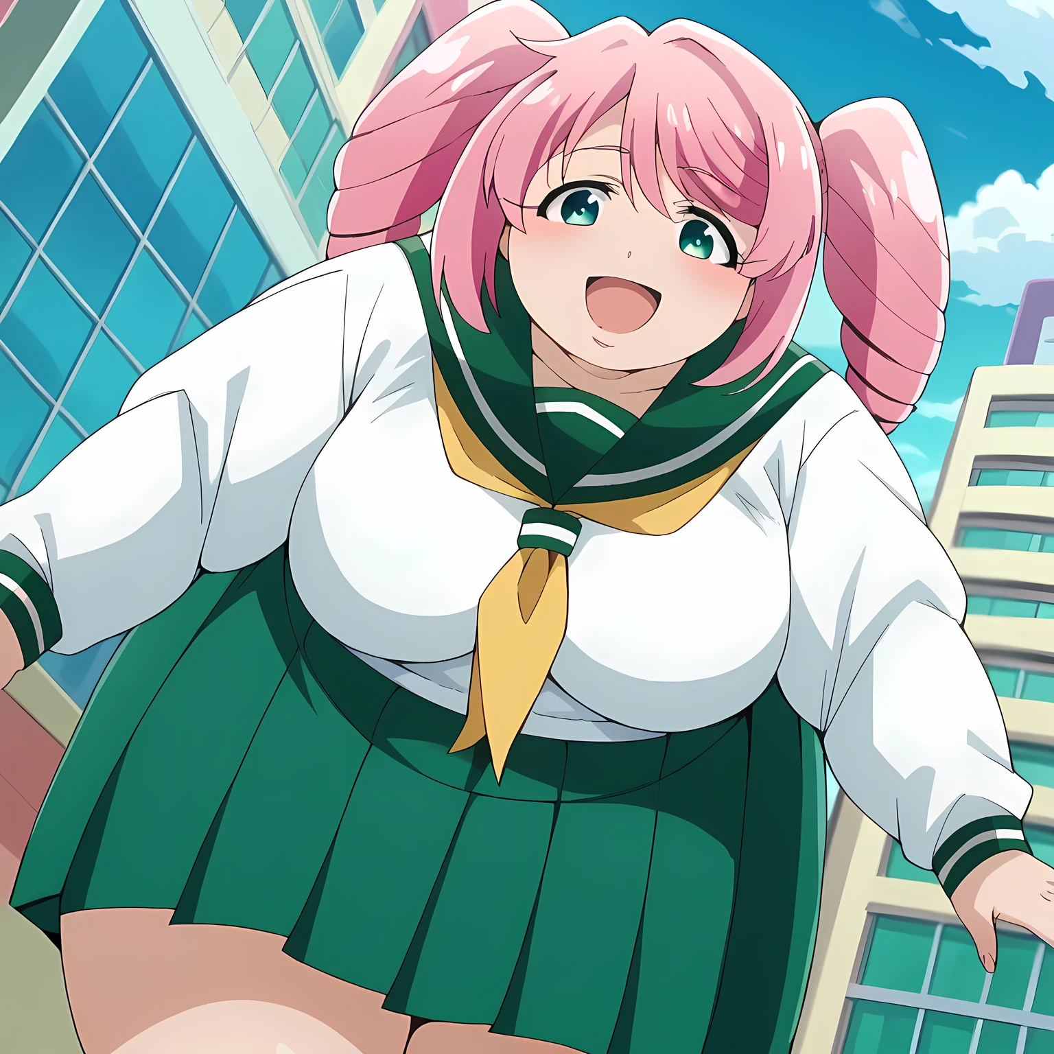 score_9, score_8_up, score_7_up, source_anime,
harukahanabishi, haruka hanabishi, twintails, green eyes, pink hair,
skirt, shirt, long sleeves, school uniform, white shirt, pleated skirt, serafuku, sailor collar, neckerchief, green skirt, green sailor collar,
outdoors, cityscape, bent over, smile,
looking at viewer, dutch angle, cowboy shot fat, chubby, obese, gigantic arms and legs, large breasts open mouth, out of breath