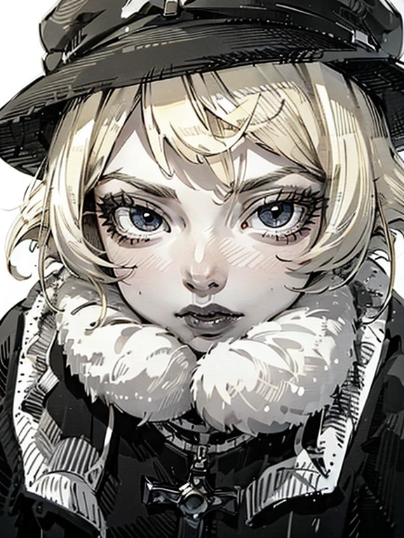 a close up of a woman with a black dress and black lipstick, blonde hime cut hair, with short hair, 1 7 - year - old anime goth girl, short pigtails hair, white hime cut hairstyle, sui ishida with blonde hair, with short hair with bangs, short blonde hair with bangs, short blonde hair, japanese gothic, blonde short hair