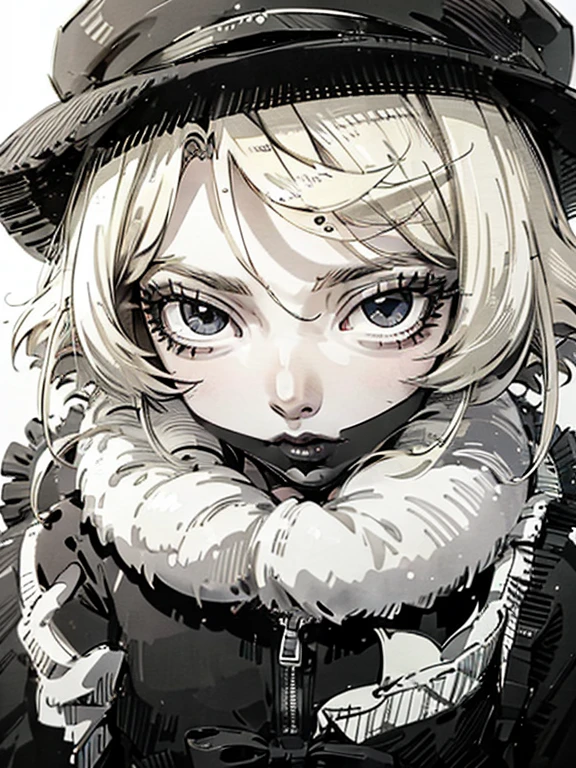 a close up of a woman with a black dress and black lipstick, blonde hime cut hair, with short hair, 1 7 -  - old me goth girl, short pigtails hair, white hime cut hairstyle, sui ishida with blonde hair, with short hair with bangs, short blonde hair with bangs, short blonde hair, japanese gothic, blonde short hair