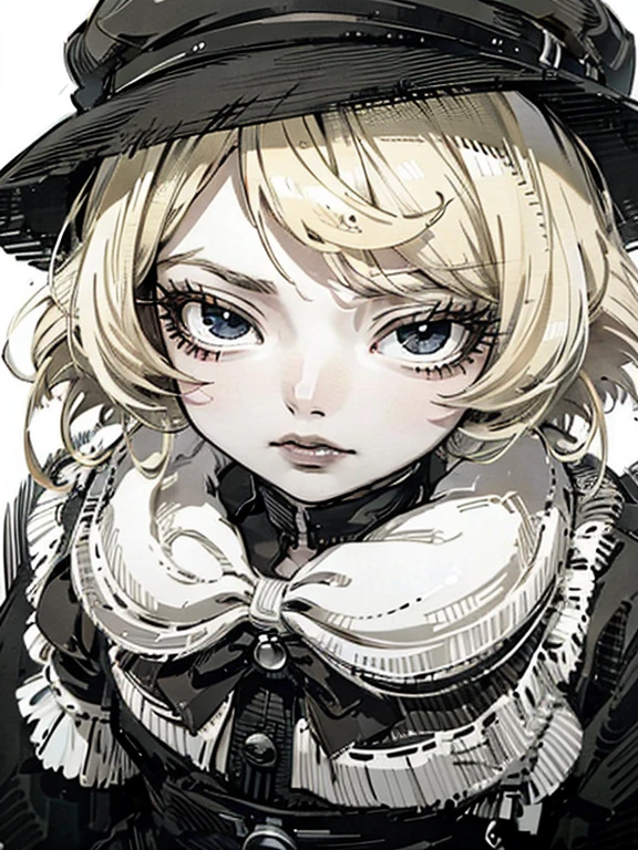 a close up of a woman with a black dress and black lipstick, blonde hime cut hair, with short hair, 1 7 - year - old anime goth girl, short pigtails hair, white hime cut hairstyle, sui ishida with blonde hair, with short hair with bangs, short blonde hair with bangs, short blonde hair, japanese gothic, blonde short hair