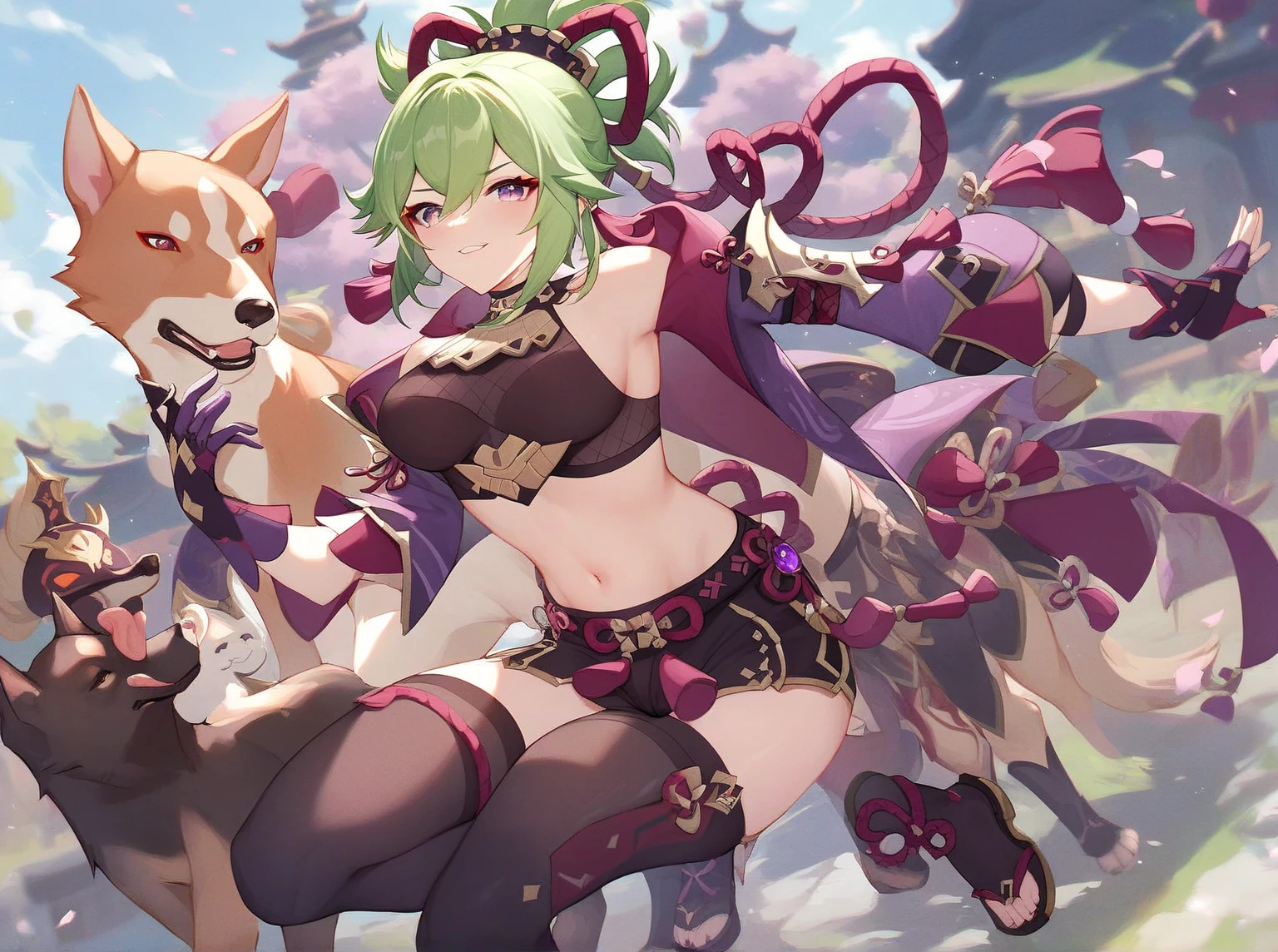 1girl,kuki shinobu_(genshin impact),green hair,ponytail,hair ornament, purple eyes, gloves,purple jacket,cropped jacket,hood,crop top, navel,body markings.short shorts, thighhighs, fishnets, dog, sex, bestiality, 