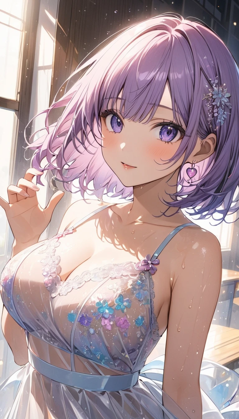  fireplace、 Christmas lights、sweat、 wet 、（Transparent lingerie with a very delicate depiction:1.5）、 short hair 、saliva、 mouth on the palm of your hand 、kawaiipunk. face、(( Big Breasts :1.3)))    gradient bright purple hair   、（  Composition from below the work  :1.6） ,   A woman with a nasty expression   ,  Soft white   , bob cut /OKAPPA/Bowl cut hair 、  faceを強調する構成.  、（  Heart pupil:1.3）、（  dynamic pose :1.7）、   、  Floral Hair Accessories  、 delicate depiction of big eyes   、  shiny hair texture、(  Premium Masterpiece :1.4), (  young woman , Age 19, Alone, Wet肌、 クールな笑face,    mouth on the palm of your hand ,    perfect eyes:1.1), (   Aim carefully   ,    small round pink earrings  ,   Sheer Embroidered Lingerie  、(, Particles of light,    high detail, The Shining, bloom,    textured skin , barefoot,  natural light, (Mature), Particles of light,      visible through the hair   , , Wet, （Classroom 1.5 ),    Back posture 