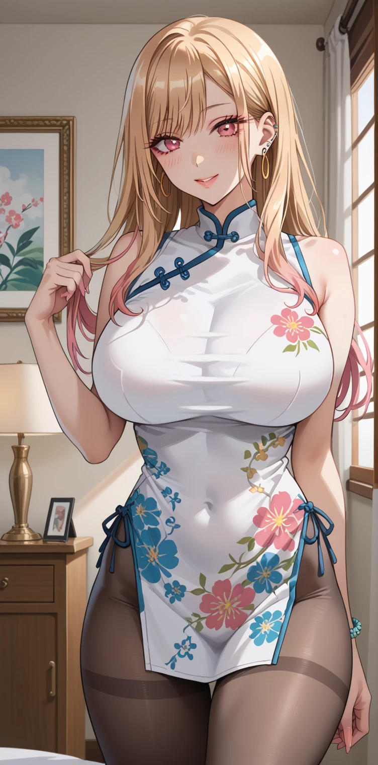 Tall girl, fit girl, KJOmarin, blonde hair, long hair, pink eyes, earrings, ear piercing, multicolored hair, score_9, score_8_up, score_7_up, source_anime, masterpiece,best quality, huge breasts, flashy gyaru, cheongsam, Chinese clothes, pantyhose, Inside a Chinese style room,