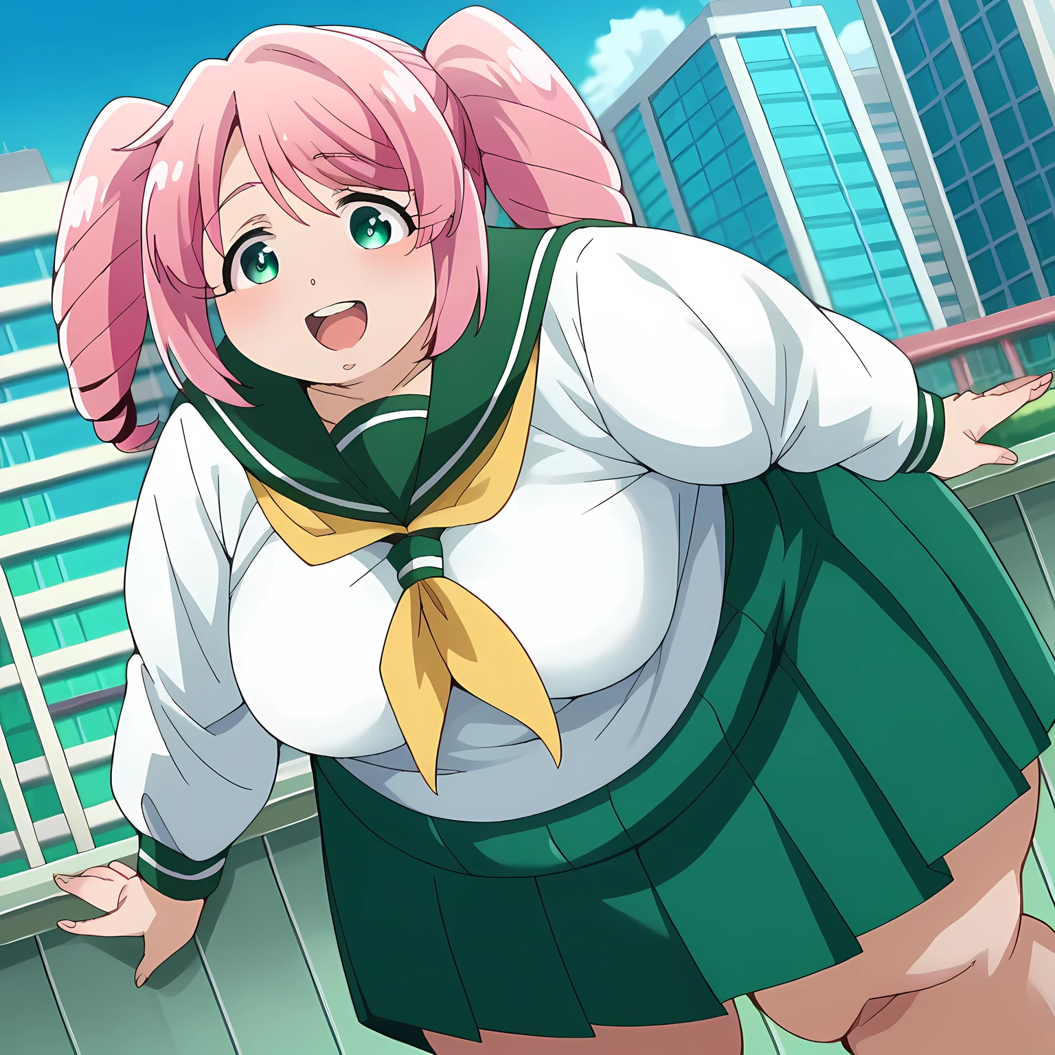 score_9, score_8_up, score_7_up, source_anime,
harukahanabishi, haruka hanabishi, twintails, green eyes, pink hair,
skirt, shirt, long sleeves, school uniform, white shirt, pleated skirt, serafuku, sailor collar, neckerchief, green skirt, green sailor collar,
outdoors, cityscape, bent over, smile,
looking at viewer, dutch angle, cowboy shot fat, chubby, obese, gigantic arms and legs, large breasts open mouth, out of breath