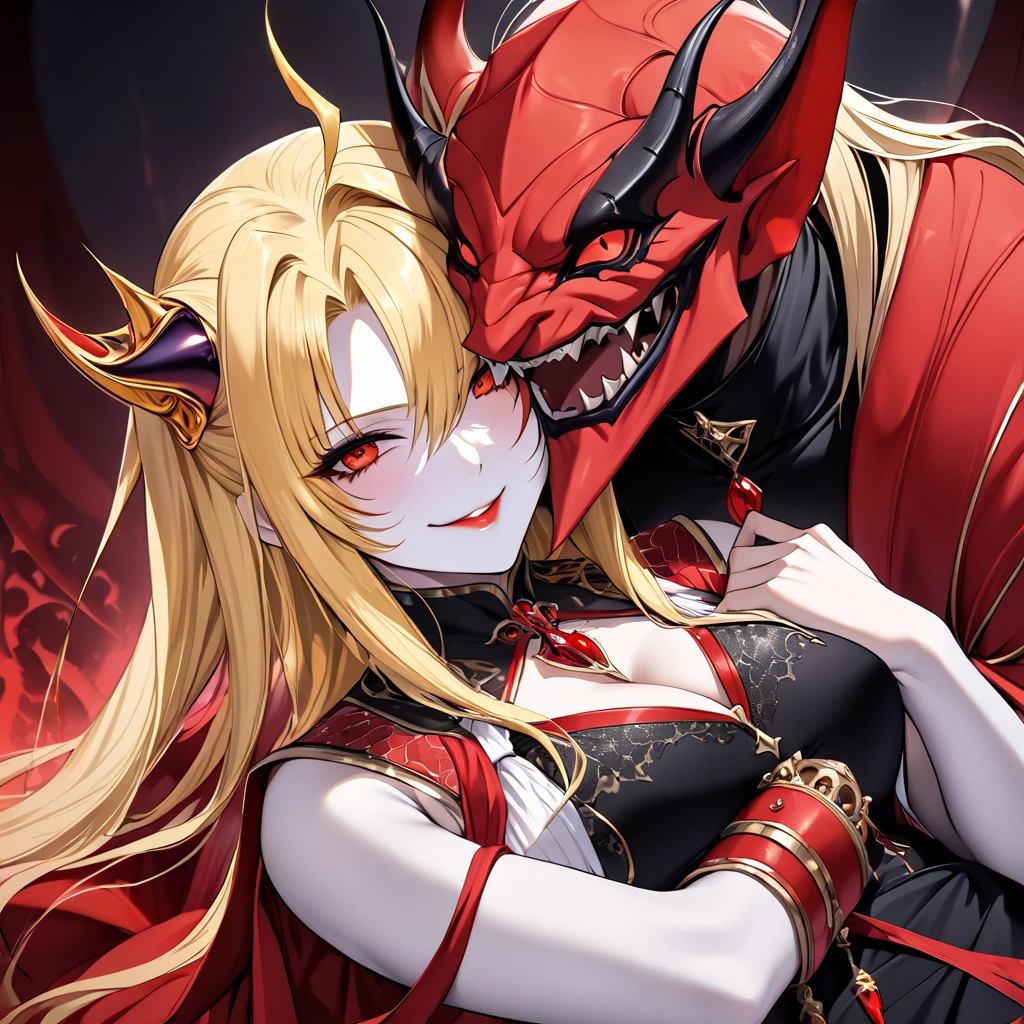 The woman who became a demon as a wife to the ugly demon king of the alien demon is Fate Testarossa with beautiful demon blond hair, smiles kindly at her beloved husband, wears the gorgeous devil of the Daima queen, always snuggles up and loves the ugly devil of the atypical king as Daimao's demon's wife, and is an evil person on the altar of the demon's temple is an evil person who is hugged and kissed by the devil of the alien demon is loved by the ugly devil of the alien demon king My wife's big demon The birth of Demon King and Queen Daima, who become queens and love each other、(( best quality)), ((masterpiece)), ( Details), （ perfect face）,The woman is a blond Fate Testarossa with outstanding proportions, is the devil's possession, and is a symbol of devil worship as the devil's virgin, and is beautifully decorated, loved and worshipped by demons, giving hope to humans and despair 、The woman who became a demon as a wife to the demon queen of the great devil 