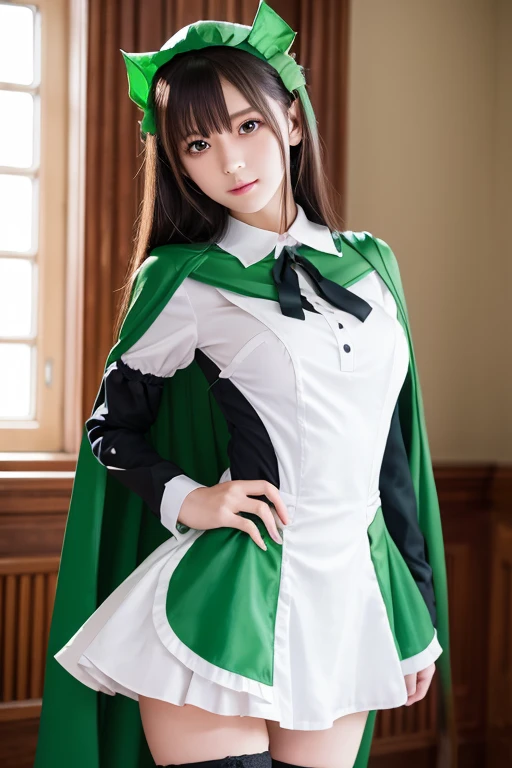 The innocence, dark green hair, twintails, arms behind back, white dress, black waist tie, a girl,blue eyes, puffy eyes, nose blush