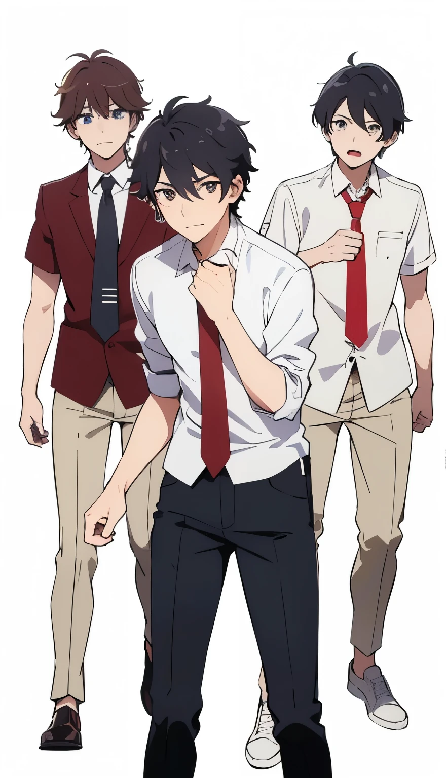 3 boys, wearing white shirt, red tie, black pants, 3 anime boys, half sleeve shirt, looking us, anime boys, in the street , half sleeves 