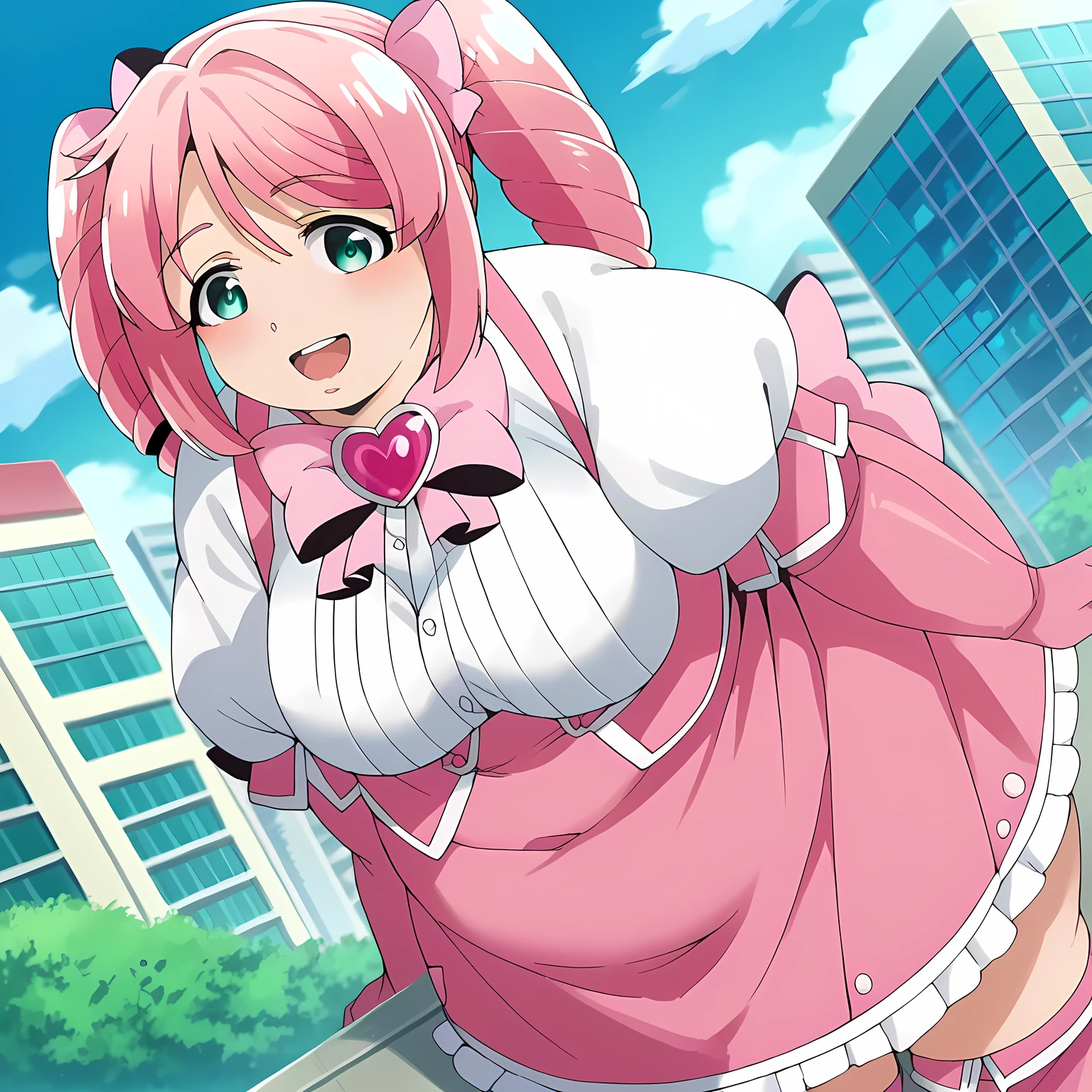 score_9, score_8_up, score_7_up, source_anime,
harukahanabishi, haruka hanabishi, twintails, green eyes, pink hair,
thighhighs, gloves, dress, bow, magical girl, pink gloves,
outdoors, cityscape, bent over, smile,
looking at viewer, dutch angle, cowboy shot fat, chubby, obese, gigantic arms and legs, large breasts open mouth, out of breath