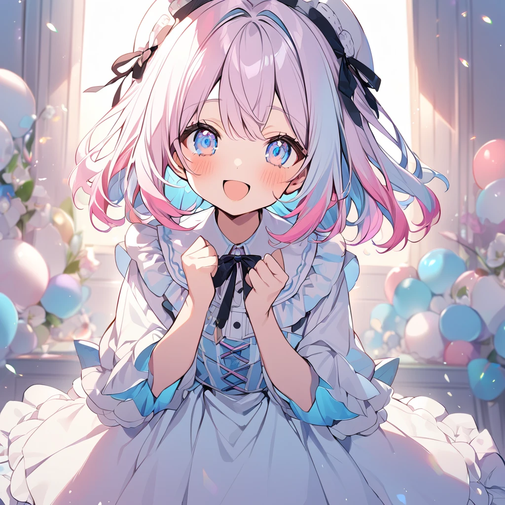 Anime girl sitting on bed,There were teddy bears and stuffed animals, Cute anime girl, Soft anime illustration, Splash art anime , small curvaceous , anime moe art style, in dress, anime girl in a maid costume, anime visual of a cute girl, Cute anime, girl, cute anime waifu in a nice dress,Wear white silk