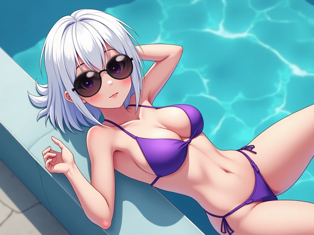 High level image quality best image quality 8K adult woman pool party rain palm trees more colors whole body view portrait bikini horn ears short hair((shortcut)(gray hair)(perm)(fluffy)) eye color is blue , , attractive evil face , smile , sexy pose , labrynth , barearm , wearing pink shirt , sitting on person by the pool , crossed legs , all wet , wet hair