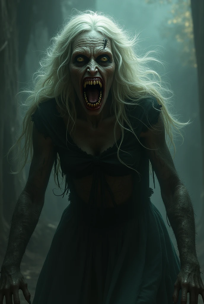 (masterpiece, best quality:1.2), ((RAW photo, Best quality)), (Realistic, photo-realistic:1.2) a evil queen zombie, blood, hottinig, ((horror, creepy)) , night, ((White eyes)). , angry. ((( Exposed brain))), ((Pale or greenish skin)), wounds, empty eyes, torn clothes, slow movements, guttural noises, aggressive and cannibalistic behavior. Cinematic lighting.