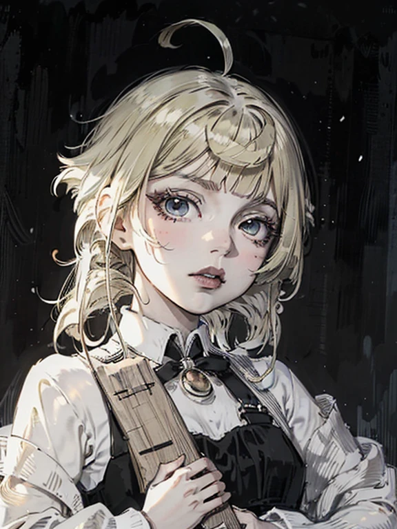 a close up of a woman with a black dress and black lipstick, blonde hime cut hair, with short hair, 1 7 -  - old me goth girl, short pigtails hair, white hime cut hairstyle, sui ishida with blonde hair, with short hair with bangs, short blonde hair with bangs, short blonde hair, japanese gothic, blonde short hair