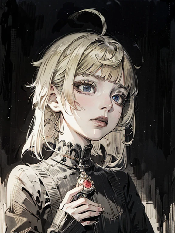 a close up of a woman with a black dress and black lipstick, blonde hime cut hair, with short hair, 1 7 - year - old anime goth girl, short pigtails hair, white hime cut hairstyle, sui ishida with blonde hair, with short hair with bangs, short blonde hair with bangs, short blonde hair, japanese gothic, blonde short hair