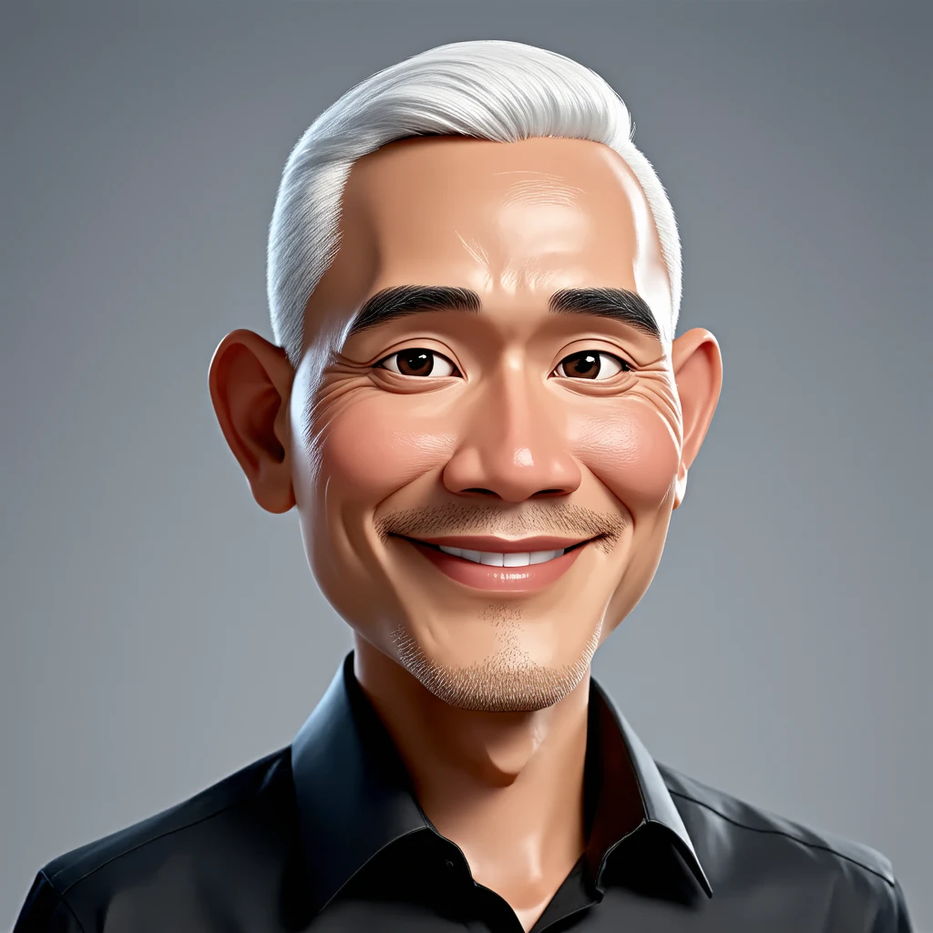 Realistic 3d caricature. big head. A 40 year old Indonesian man. tall, slightly thin body, oval face shape. oval chin, handsome, slightly round eyes, fair skin, faint smile. White hair in a side parted style. wearing a black shirt. Body position is clearly visible. Red background. Use soft photography lighting with hair lights, edge lights, and top lights. Photos with very high detail.