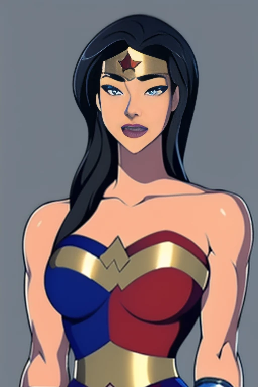 (High-definition CG), (  best quality ), (Overall view)  with a cool and handsome face   ,  Beauty, 18 years old,     Toned and Muscular   ,   with a cool and handsome face   で,  sharp eye,     Wonder Woman costume   