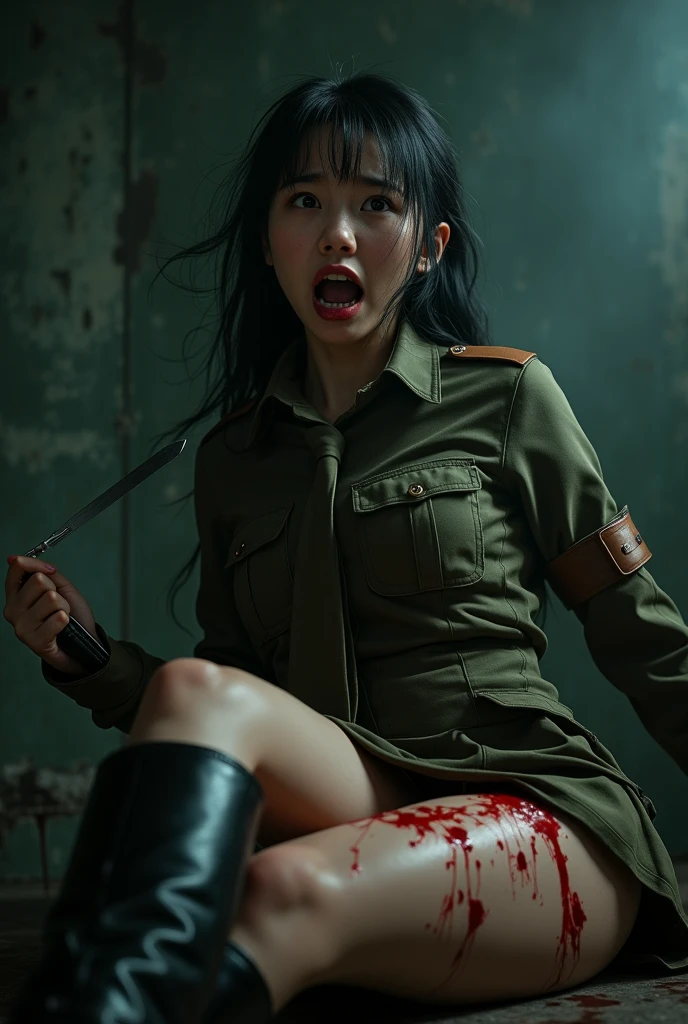 Frontal shot,Sexy Pose, Spread your legs apart,zombie,Bleeding,Attack people,High resolution, ultra-detailliert, Photorealsitic,dirty skin,Injured,realistic blood,lip stick、