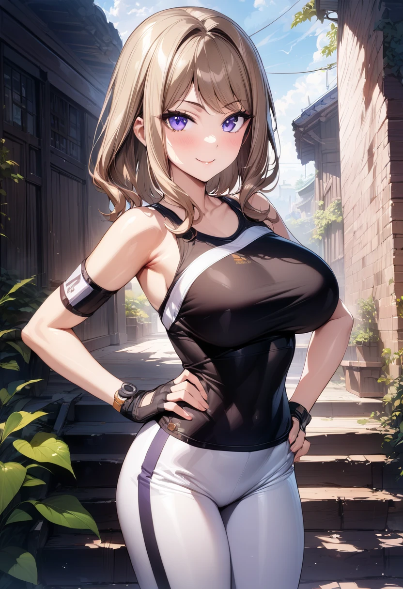 suminoe_shion, light brown hair, purple eyes, large breasts, bangs, black shirt, black sportswear, bare shoulder, knee guard, fingerless gloves, white pants, smile, standing, from the front, cowboy shot, hand on hips, (masterpiece),(best quality),(ultra-detailed),(best illustration),(best shadow),(absurdres),(detailed background),(very aesthetic),