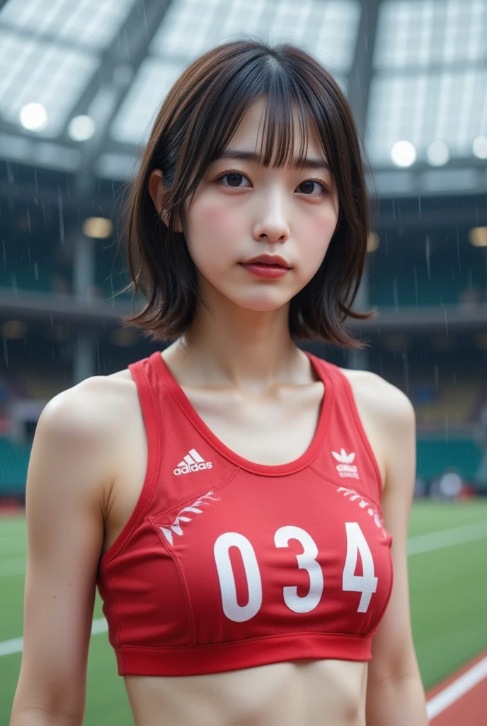  super realistic, Photographically,  dramatic scene , shadow, Global Illumination, Alone, ( famous teenage Japanese idol girl  :1.5),  very beautiful and fragile Japanese woman ,  very beautiful track and field athlete ,  so cute but boyish and cool looking,   has a small head:1.331, Slender body:1.331,  Thin Waist:1.331, Thin limbs:1.331,  flat chested:1.331,  on the rainy field ,  very beautiful and fragile Japanese woman :1.331,  on the rainy field , ( separate track and field uniform :1.331, Racing Uniform, "034"The numbers include :1.3), ( she's crying looking at the race results :1.3),  wet hair ,  wet skin , Wet clothes:1.6,  face focus to be interrogated, 