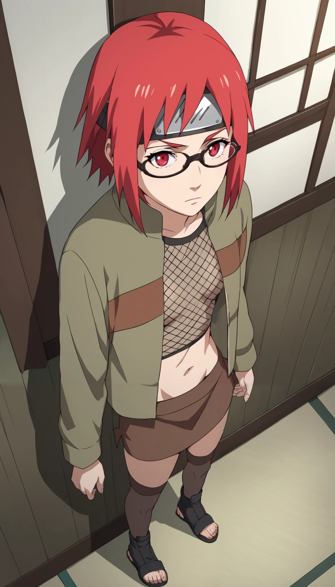 score_9, score_8_above, score_7_above, score_6_above, score_5_above, score_4_above, KarinuzumakigeXL , black glasses, red eyes, red hair, short hair, blows, sideburns, forehead protector, pecho pequeño, open shirt, shirt, short sleeves, fishing net top, brown skirt, thigh-high mesh stockings, black shoes, toeless shoes, (Alone), standing, Mirando al espectador, inside