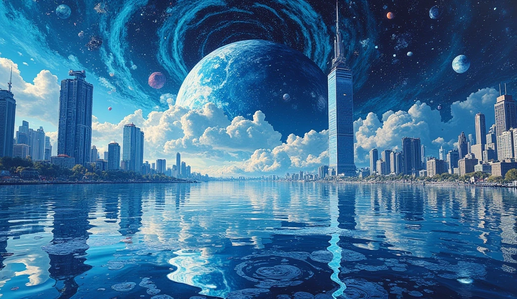 A large expanse of water in space, with images of beautiful earth cities reflected in it.