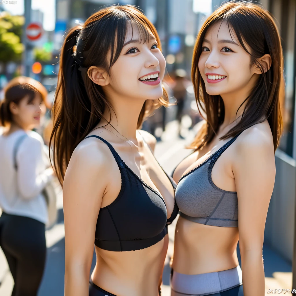 (8K、Raw photography、Photorealsitic:1.25)、(18 year old woman with beautiful perfect face)、In a large crowd、full of sweat、a towel、Expressing the fun party mood of the summer festival with colors and facial expressions、Cheering on the performers、(profile: 1.3)、tshirts、shortpants、lipgloss、shiny bare skin、top-quality、超A high resolution、Anatomically accurate body