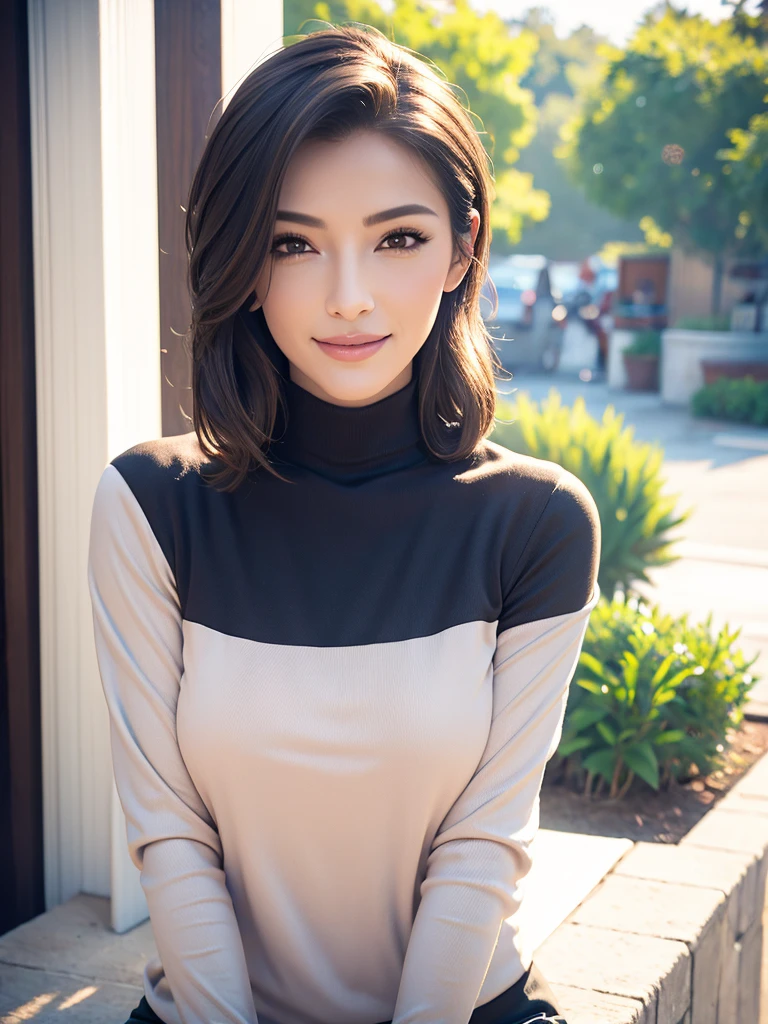 Highest quality, Tabletop, 8k, Best image quality, One Girl, Perfect V-neck see-through knit sweater, Waist to upper body shot, (look forward to), Red eyeshadow, Perfect Makeup, Long eyelashes, Ultra HD Shining Eyes, Ultra HD Hair, Ultra High Resolution Glossy Lips, Ultra HD cute face, Brown Hair, Very short straight hair, Look at me and smile, clavicle, Accurate anatomy, Face close-up, Luxury Love Hotel, The most atmospheric and warm lighting, Blurred Background