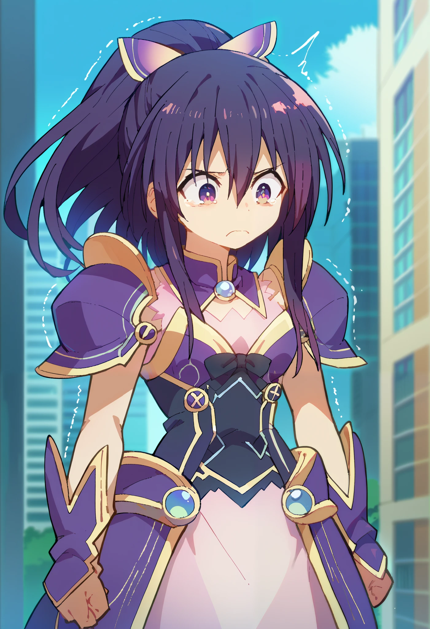 score_9, score_8_up, score_7_up, anime_source, (pubert),1girl, solo,tohka yatogami, medium hair,armor,ponytail, small breasts, hair between eyes,shoulder armor, scared,  shaking, standing, looking down, city background, AgeRegression, Oversized Clothes