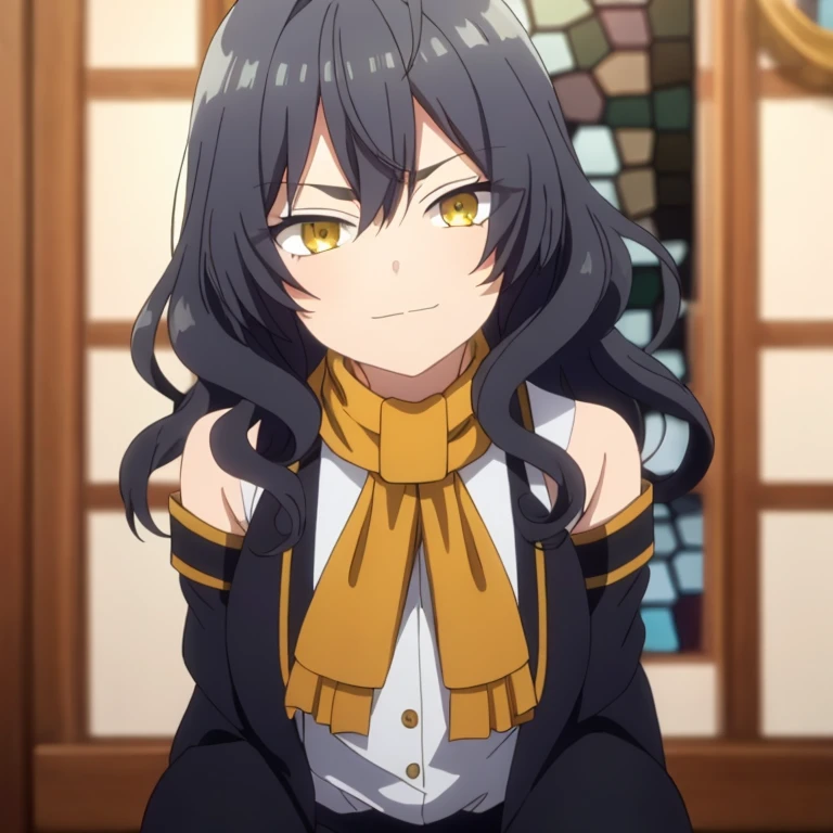 Black hair, yellow eyes, white shirt (long sleeves), relaxed expression, slight smile, ((best quality)), ((highly detailed)), masterpiece, beautiful face, (detailed eyes, deep eyes), 1 girl, calm, looking at viewer, upper body shot, dynamic pose, black pants with gold details, long black hair, scarf, v-shaped eyebrows, covered shoulders, school uniform style, indoors, depth of field, blurred background, window, ahoge, bangs, wavy hair, hair between eyes.