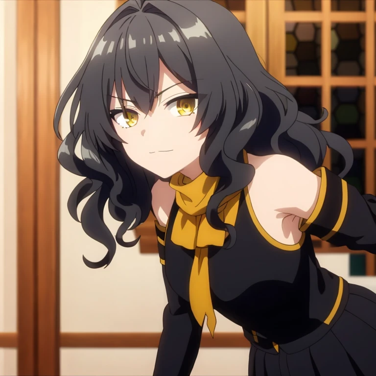 Black hair, yellow eyes, white shirt (long sleeves), relaxed expression, slight smile, ((best quality)), ((highly detailed)), masterpiece, beautiful face, (detailed eyes, deep eyes), 1 girl, calm, looking at viewer, upper body shot, dynamic pose, black pants with gold details, long black hair, scarf, v-shaped eyebrows, covered shoulders, school uniform style, indoors, depth of field, blurred background, window, ahoge, bangs, wavy hair, hair between eyes.