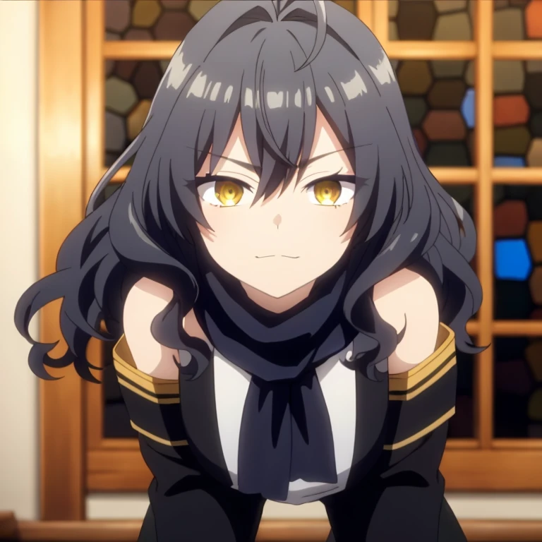 Black hair, yellow eyes, white shirt (long sleeves), relaxed expression, slight smile, ((best quality)), ((highly detailed)), masterpiece, beautiful face, (detailed eyes, deep eyes), 1 girl, calm, looking at viewer, upper body shot, dynamic pose, black pants with gold details, long black hair, scarf, v-shaped eyebrows, covered shoulders, school uniform style, indoors, depth of field, blurred background, window, ahoge, bangs, wavy hair, hair between eyes.