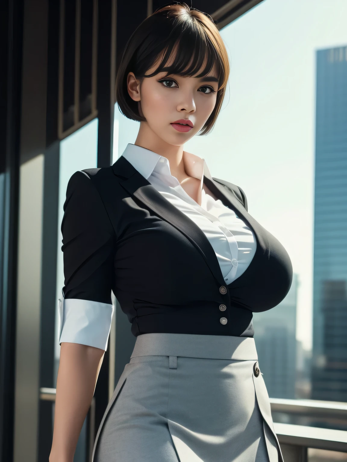 Tight-fitting business shirt, Just-fitting short sleeve, High-waist pencil skirt, (Shirt tucked into skirt:1.5), (Wearing a business Jacket on top:1.3), Pantyhorse, Office district, Skyscrapers in the background, Daytime,
8K Quality, (High Resolution:1.25), (Realistic photo:1.5), (Raw photo:1.1), (Extremely detailed photo), (White balance:1.25), Absolute masterpiece,
(Looking at the viewer:1.3), Staring, Standing,
(Big breasts:1.2), (Lip make-up), Glossy skin, Bangs, Short wavy bob, Ultra pretty girl