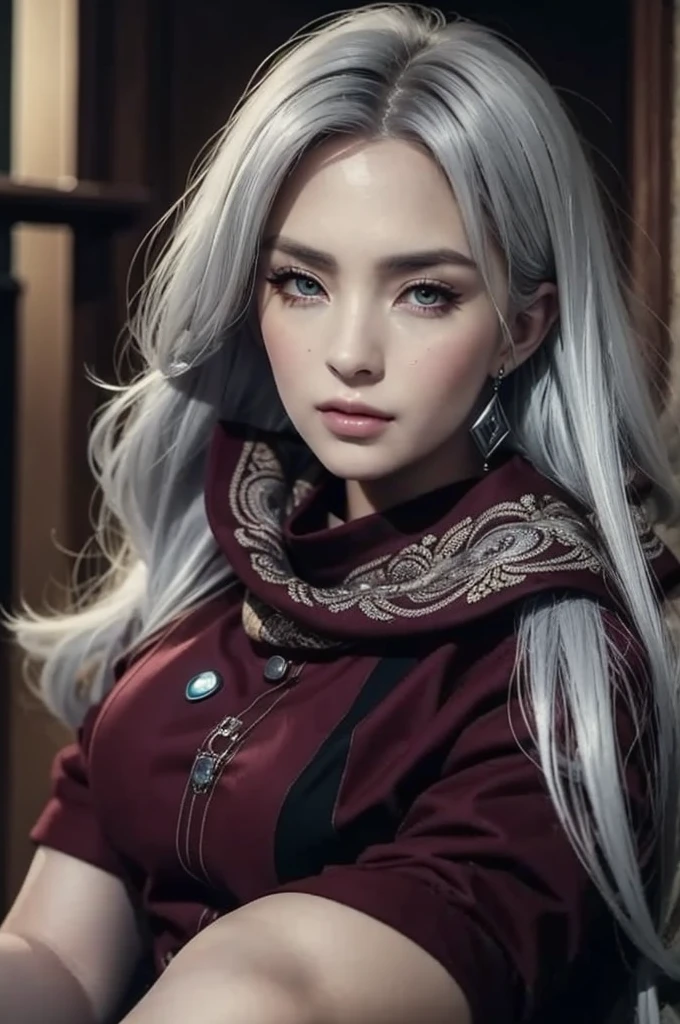 beautiful woman of the phoenix galaxy, silver hair color, sexy clothing, detailed face and eyes, cinematic lighting, vibrant colors, intricate details, photorealistic, 8k, highly detailed, masterpiece, fantasy art