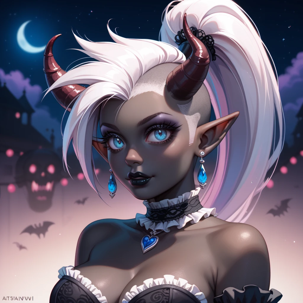 score_9, score_8_up, score_7_up, ((Masterpiece)), ((highres)), ((1person, 1girl, 1female)), Random poses, beautifully detailed succubus girl, ((white mohawk w/ponytail)), defined elf ears with ear guages, defined eyes, pastel iris, long eye lashes, defined nose, black lipstick, curvy, (((Black skin))), black demon horns, breasts, night sky, pastel gothic style, gothic style art, gothic asthetic, (((gothic horror background))), bust shot