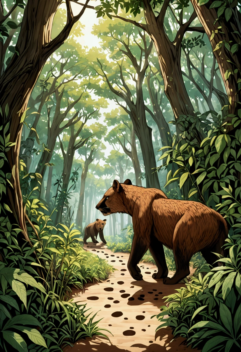 The dangers hidden in the forest
Scene 7 : Fig detects traces of dangerous wild animals , including the footprints of wild beasts . She carefully walks through the thickets , away from areas with signs of predators.