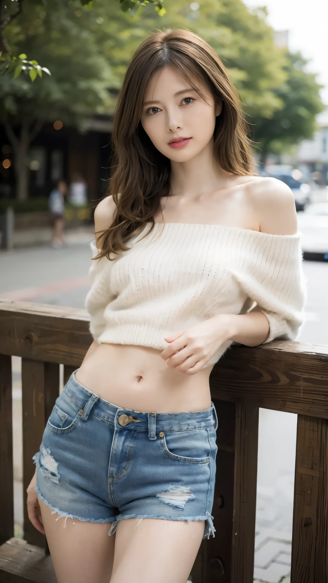 Central chest, beautiful and amazing eyes, (Long Hair:1.2), (8k,  best quality, masterpiece:1.2), (Realistic, Realistic:1.37),  Very detailed,  1 girl, cute, Alone,(White off-the-shoulder knit and distressed denim shorts:1.2)、belly button、Look forward, is showing the whole body, sexy girl portrait, Blue sky and clouds,Around town、 full body image , perfect anatomy, Perfect hands, Photo Backdrop , Outdoor,
