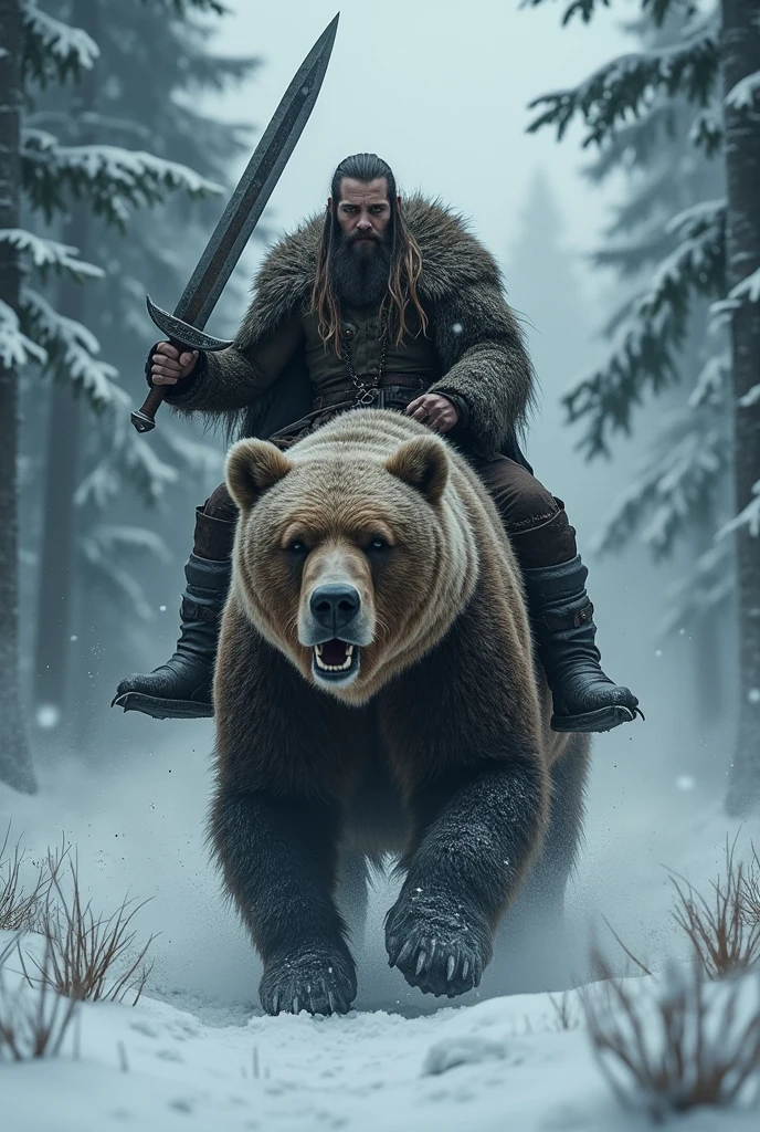 photorealistic of a half naked male Viking warrior with long hair wearing a brown bear fur cloak riding a huge polar bear, detailed face, beautiful woman, holding axe with one hand, charging forward, cowboy shot, snow storm, secluded background, snow forest background, dramatic lighting, high contrast, sunset lighting
